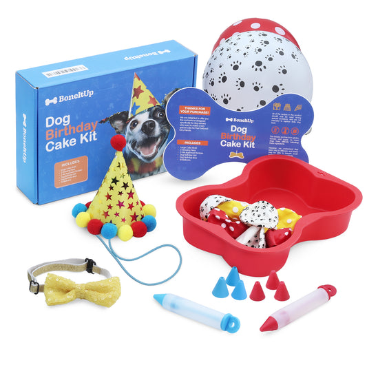 BoneItUp Dog Birthday Cake Kit - Bake Birthday Cakes for Dogs - Dog Party Supplies Set with - Large Cake Mold, 3 Vet-Backed Cake Recipes, 2 Drawing Pens, 10 Balloons, Birthday Hat & Bow