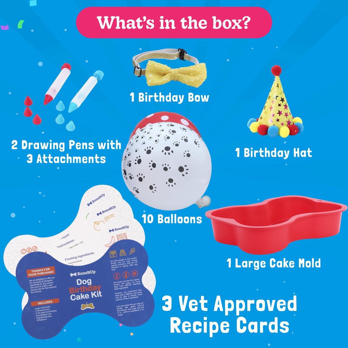 BoneItUp Dog Birthday Cake Kit - Bake Birthday Cakes for Dogs - Dog Party Supplies Set with - Large Cake Mold, 3 Vet-Backed Cake Recipes, 2 Drawing Pens, 10 Balloons, Birthday Hat & Bow