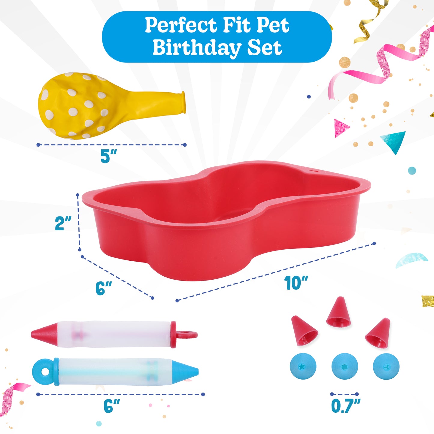BoneItUp Dog Birthday Cake Kit - Bake Birthday Cakes for Dogs - Dog Party Supplies Set with - Large Cake Mold, 3 Vet-Backed Cake Recipes, 2 Drawing Pens, 10 Balloons, Birthday Hat & Bow